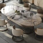レガーレ｜大理石オーバル天板×ブロンズハニカムドラムベース｜高級輸入ダイニングセット｜4〜10人用